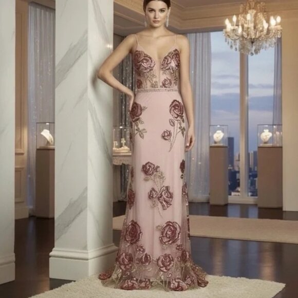 Morgan & Co. Dresses & Skirts - Morgan & Co 10134 Pink Gown with Floral Sequin Mesh Overlay Prom Gown Size 7 NWT